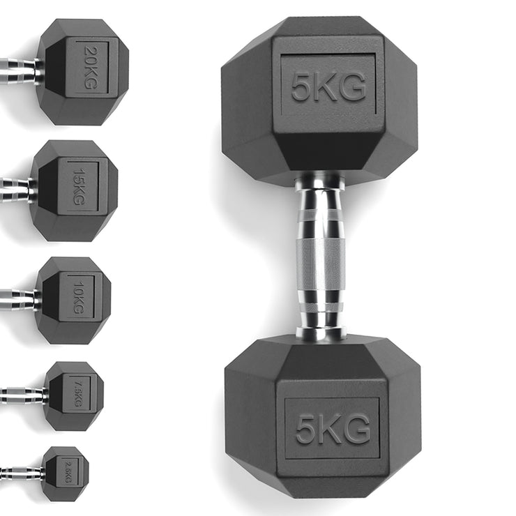 Rubber encased hex dumbbells set hexagon 5 kg rubber weights for sale    