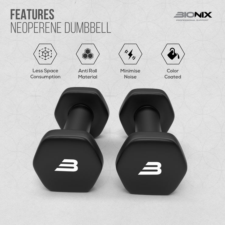 Black Bionix Neoprene Dumbbells Weights Pair Feature Details.