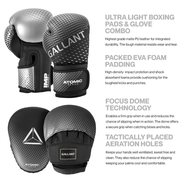 Silver Atomic Series Boxing Gloves and Focus Mitts Comb Set Feature Details.